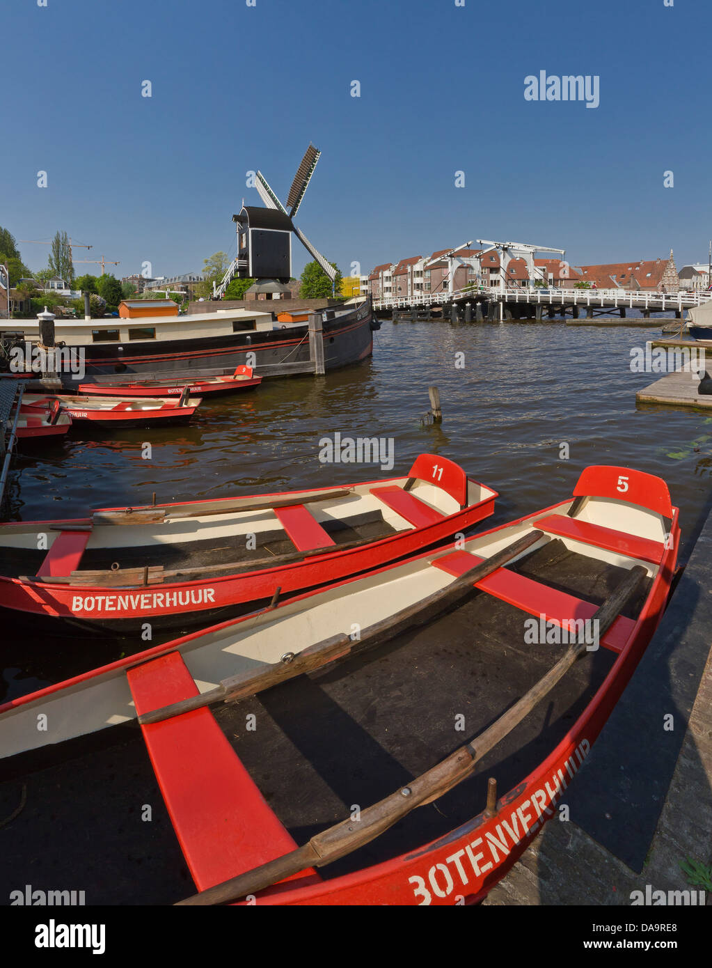 Netherlands, Holland, Europe, Leiden, Windmill, De Put, water, spring, ships, boat, Stock Photo