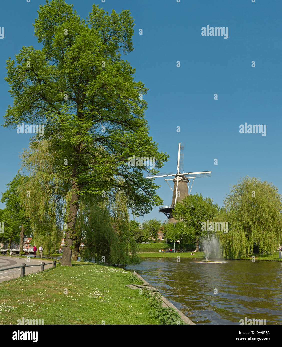 Netherlands, Holland, Europe, Leiden, Windmill, Falcon, water, trees, spring, Stock Photo