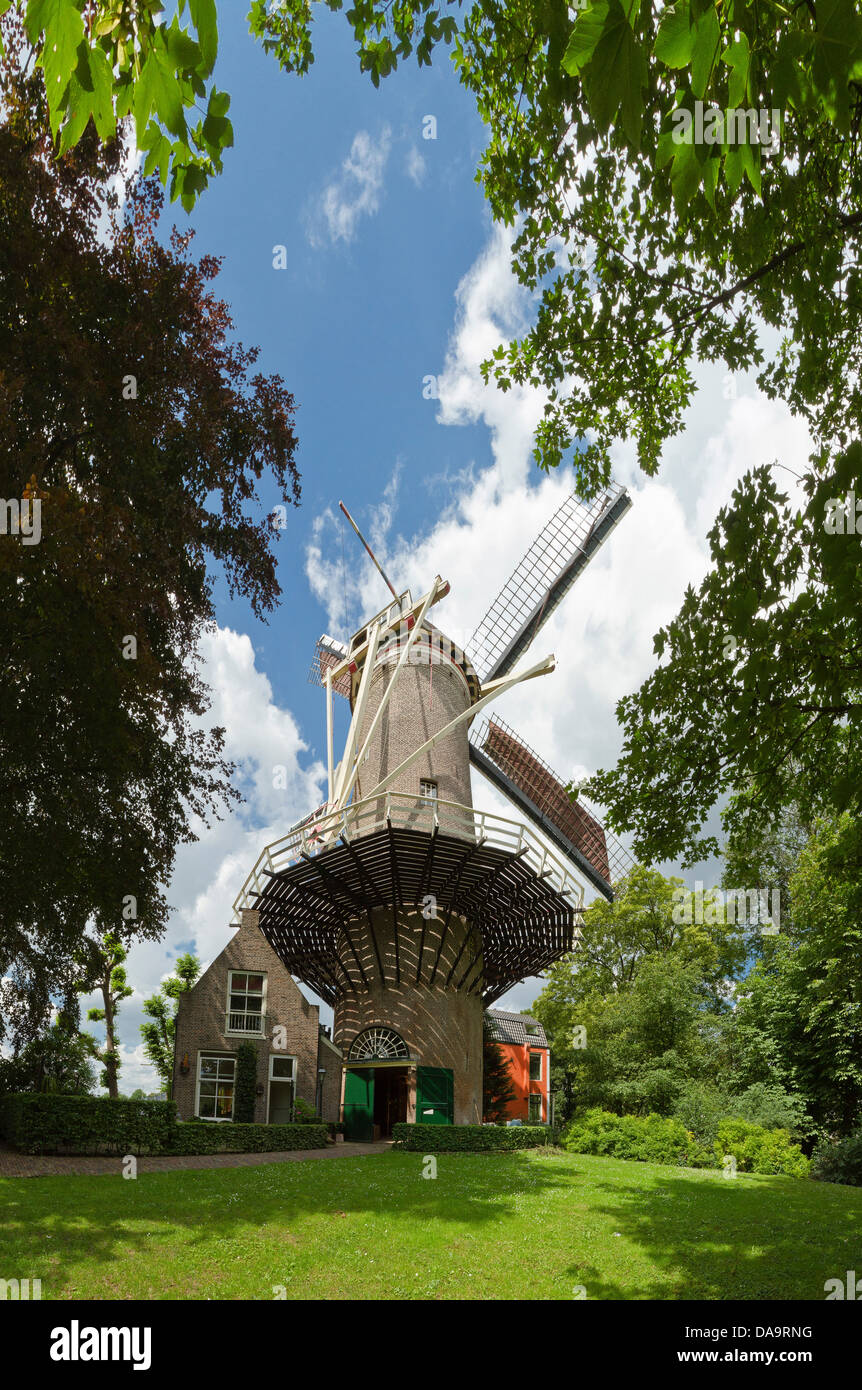Netherlands, Holland, Europe, Gouda, Stone tower mill, windmill, forest, wood, trees, summer, Stock Photo