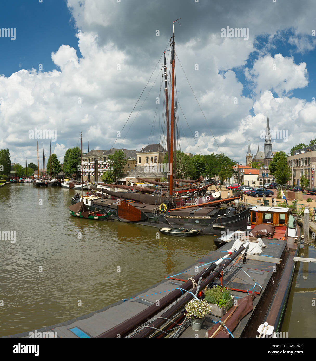 Netherlands, Holland, Europe, Gouda, Sailing, vessels, ship, Old Harbour, harbour, city, village, water, summer, ships, boat, Stock Photo
