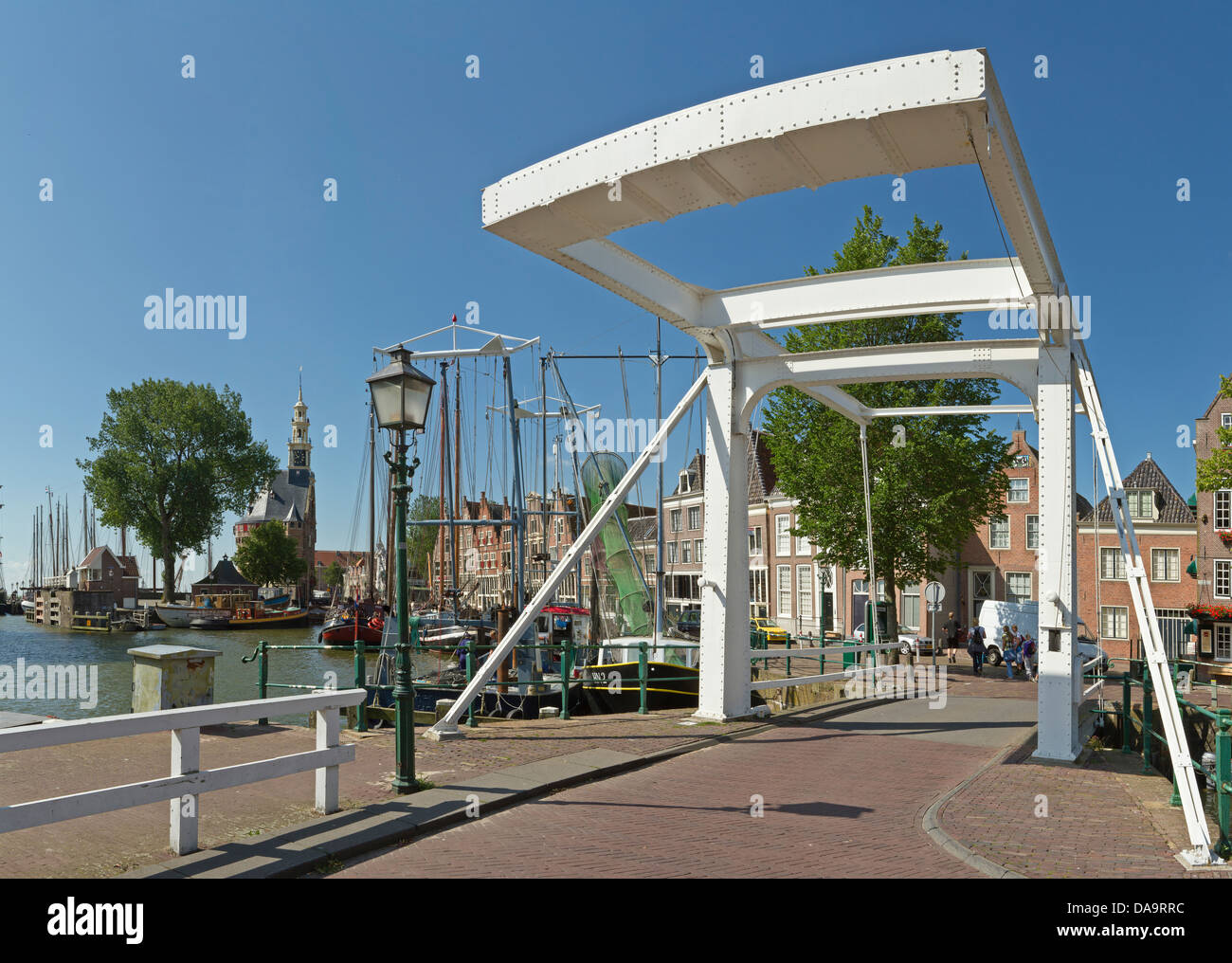 Netherlands, Holland, Europe, Hoorn, Draw bridge, bridge, tower, Main-tower, city, village, summer, people, ships, boat, Stock Photo