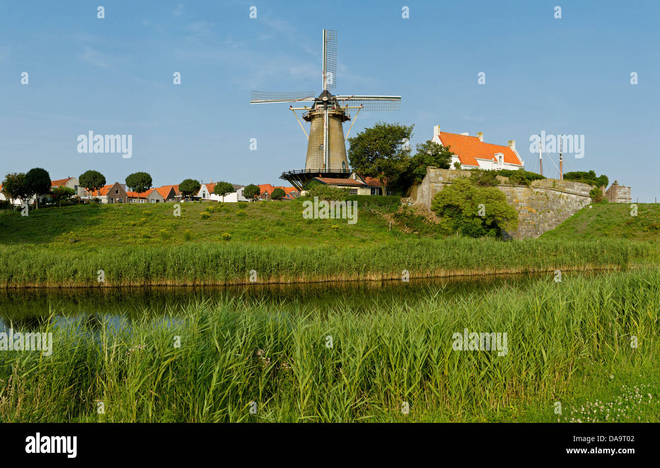 Netherlands, Holland, Europe, Zierikzee, Windmill, Den Haas, field, meadow, water, summer, Stock Photo
