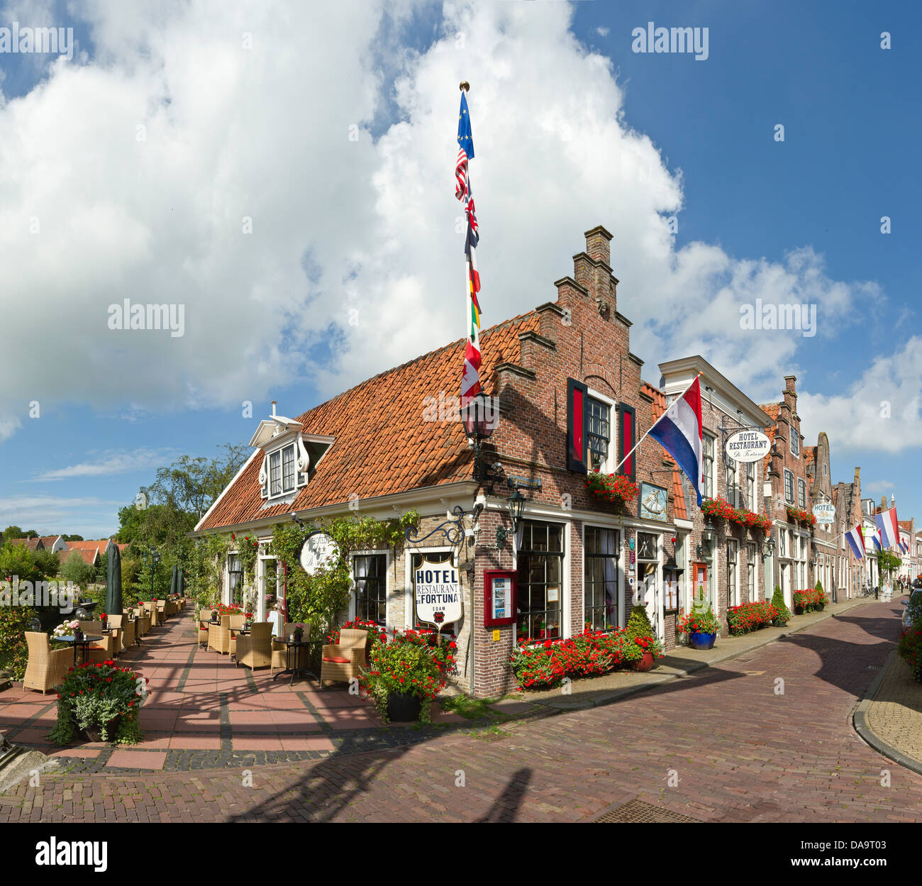 Netherlands, Holland, Europe, Edam, Stepped, gable, houses, city, village, summer, flag, Stock Photo