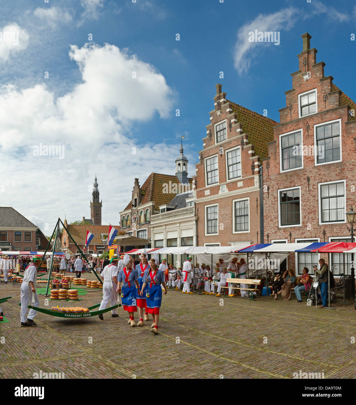 Netherlands, Holland, Europe, Edam, Cheese, market, city, tradition, village, summer, people, flags, Stock Photo