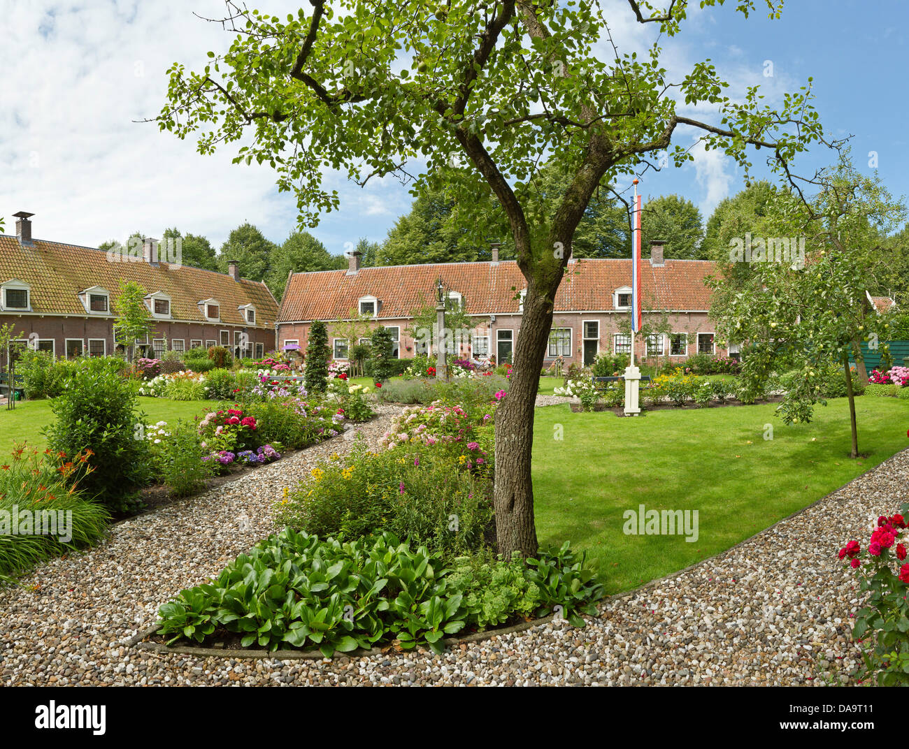 Netherlands, Holland, Europe, Edam, court yard, city, village, flowers, summer, garden, Stock Photo
