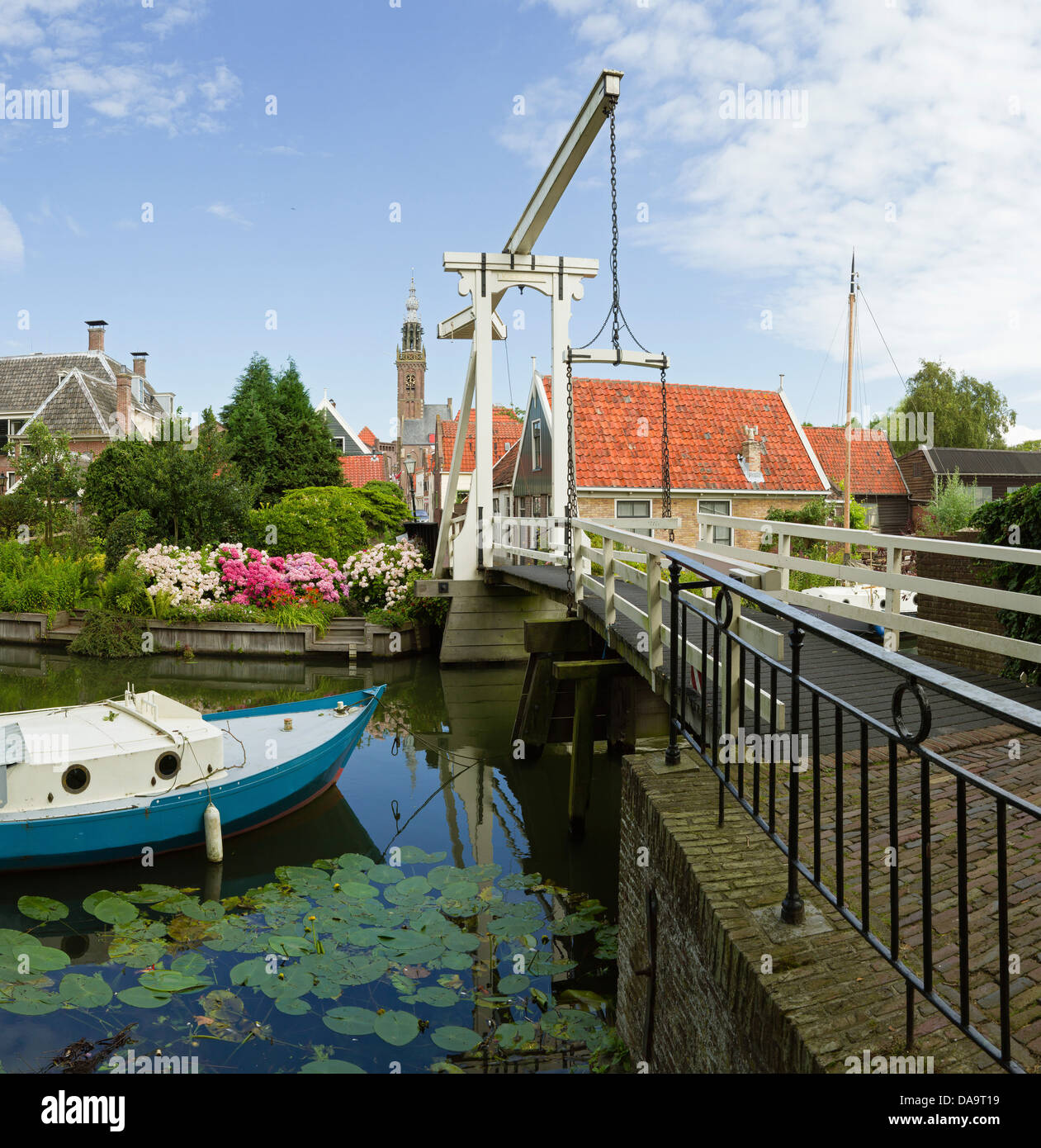 Netherlands, Holland, Europe, Edam, Wooden, bridge, drawbridge, belltower, city, village, water, flowers, summer, Stock Photo