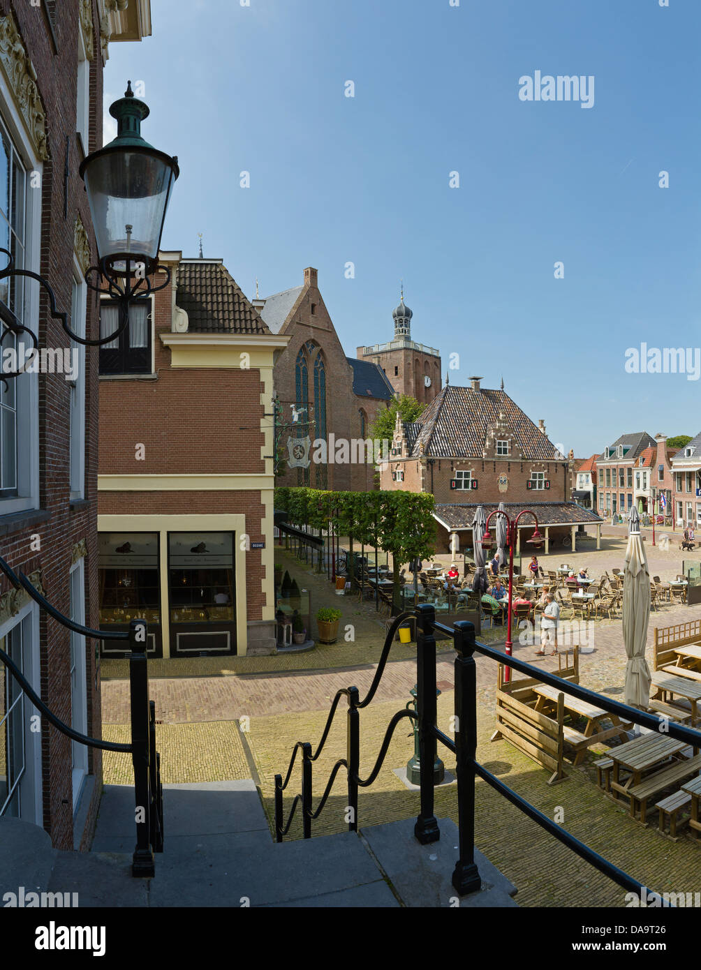 Netherlands, Holland, Europe, Workum, church, house, city, village, summer, people, outdoor, cafe, Stock Photo