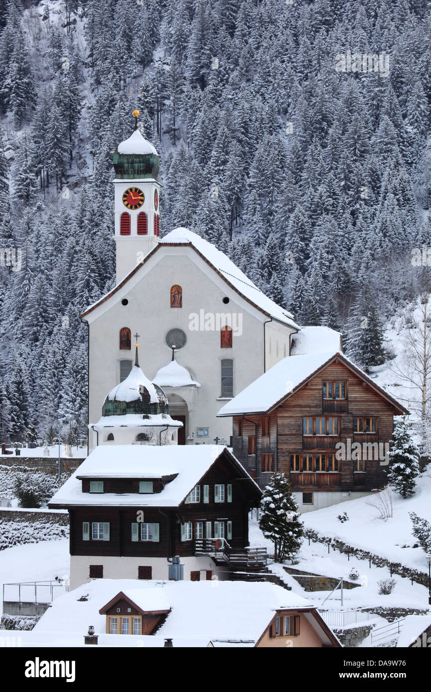 Gotthard, Gotthard route, chapel, Catholic, church, religion, snow, Switzerland, Europe, Uri, Wassen, winter Stock Photo