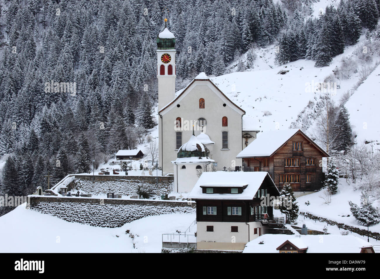 Gotthard, Gotthard route, chapel, Catholic, church, religion, snow, Switzerland, Europe, Uri, Wassen, winter Stock Photo