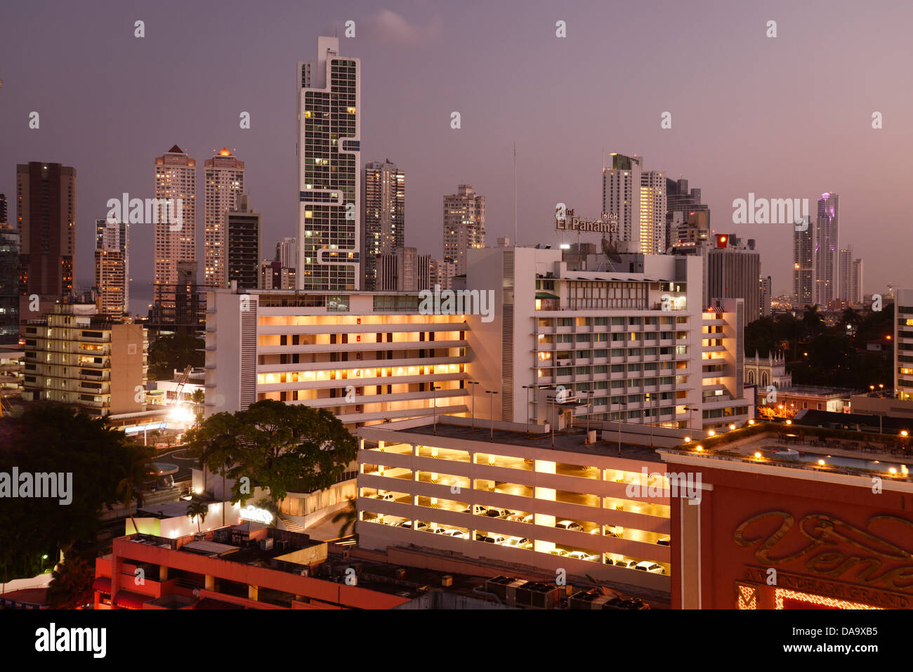 Central America, Panama, city, dusk, buildings, skyline, Panama Stock Photo
