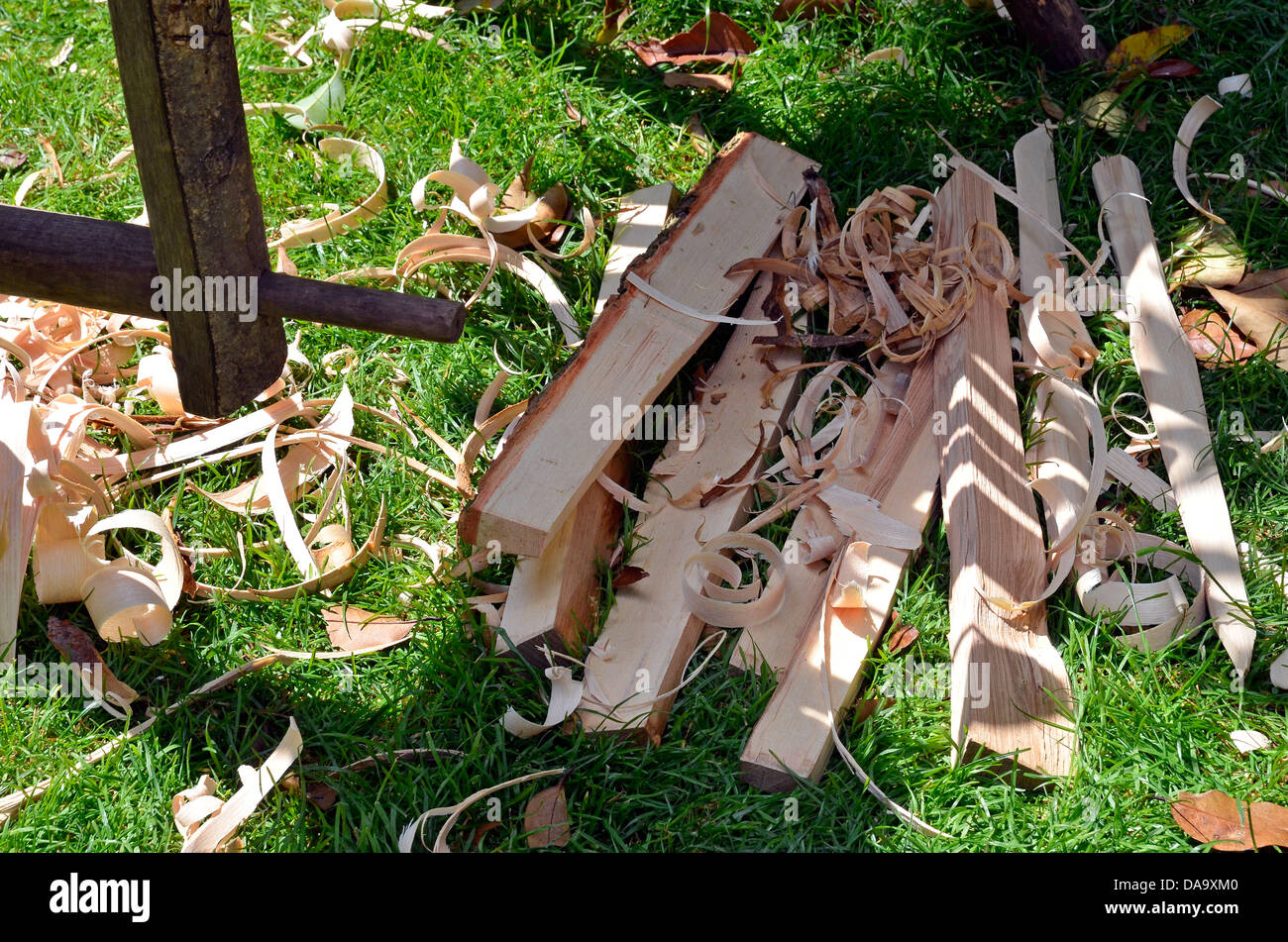 Woodsman or bodgers shave horse with shavings and part completed items - part of a demonstration at a country fair. Stock Photo