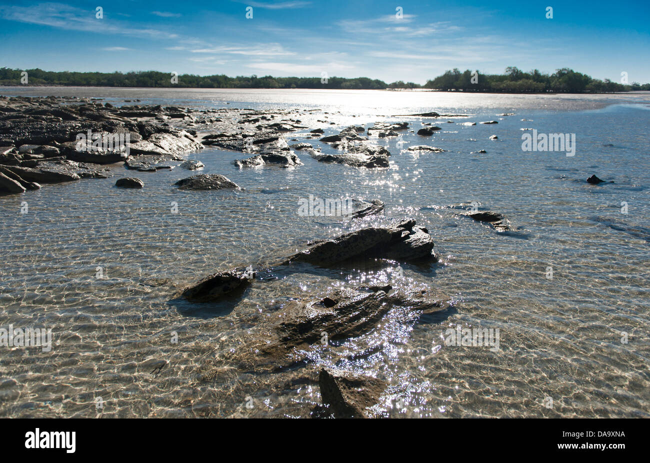 Low tide at One Arm Point, exposing mudflats, rocks, and Mangrove roots at One Arm Point, Cape Leveque, Kimberley, Australia Stock Photo