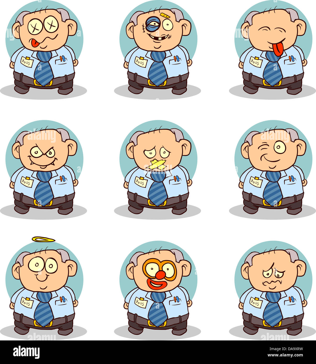 Set of 9 pictures of the old office worker. Can be used as a Smilie Pack. Stock Photo