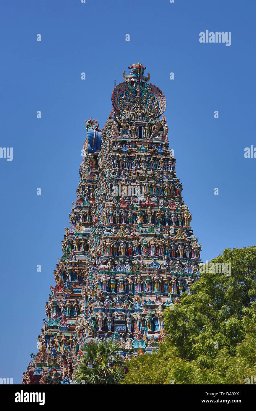 Gopuram, India, South India, Asia, Madurai, Sri Meenakshi, Tamil Nadu, art, big, famous, colourful, detail, Dravidian, religion, Stock Photo