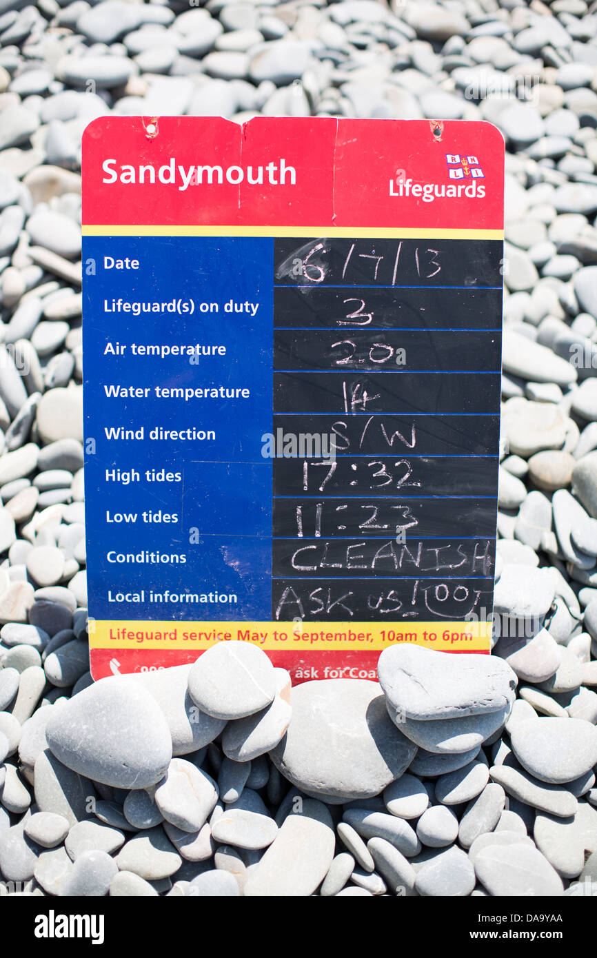 A lifeguard's information sign on a pebble beach in Sandymouth Bay, north Devon, England Stock Photo