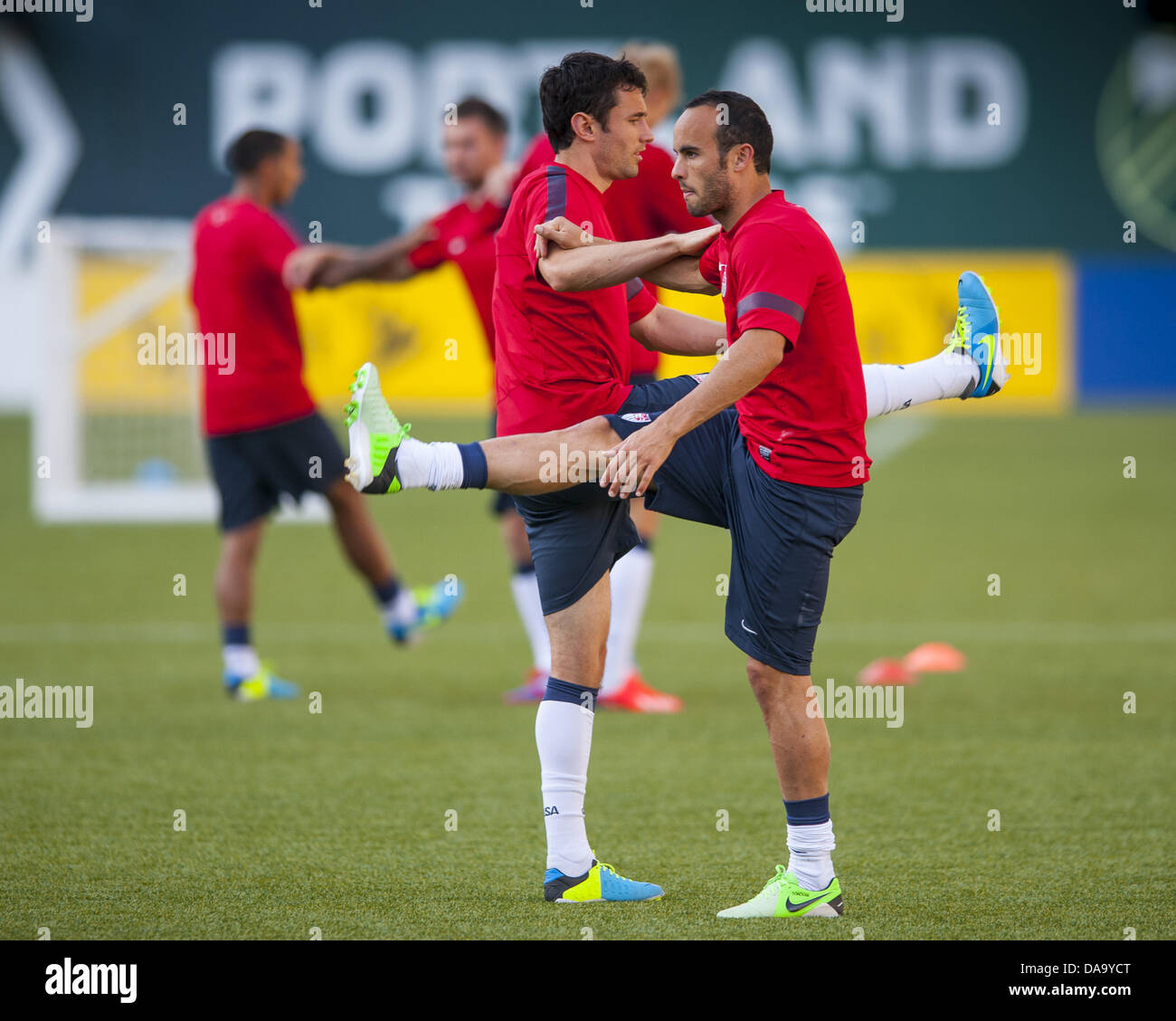 Portland, Oregon, USA. 8th July, 2013. U.S. all-time leading goal scorer LANDON DONOVAN (front) works out with a teammate as his U.S. national team team faces Belize in July 9, 2013 Gold Cup tournament play. Held every two years, the CONCACAF Gold Cup is the main association football competition of the men's national football teams governed by CONCACAF, determining the regional champion of North America, Central America, and the Caribbean. This year the Gold Cup is hosted in the United States with venues across the country and the championship game to be held in Chicago, IL (Credit Image: © Stock Photo