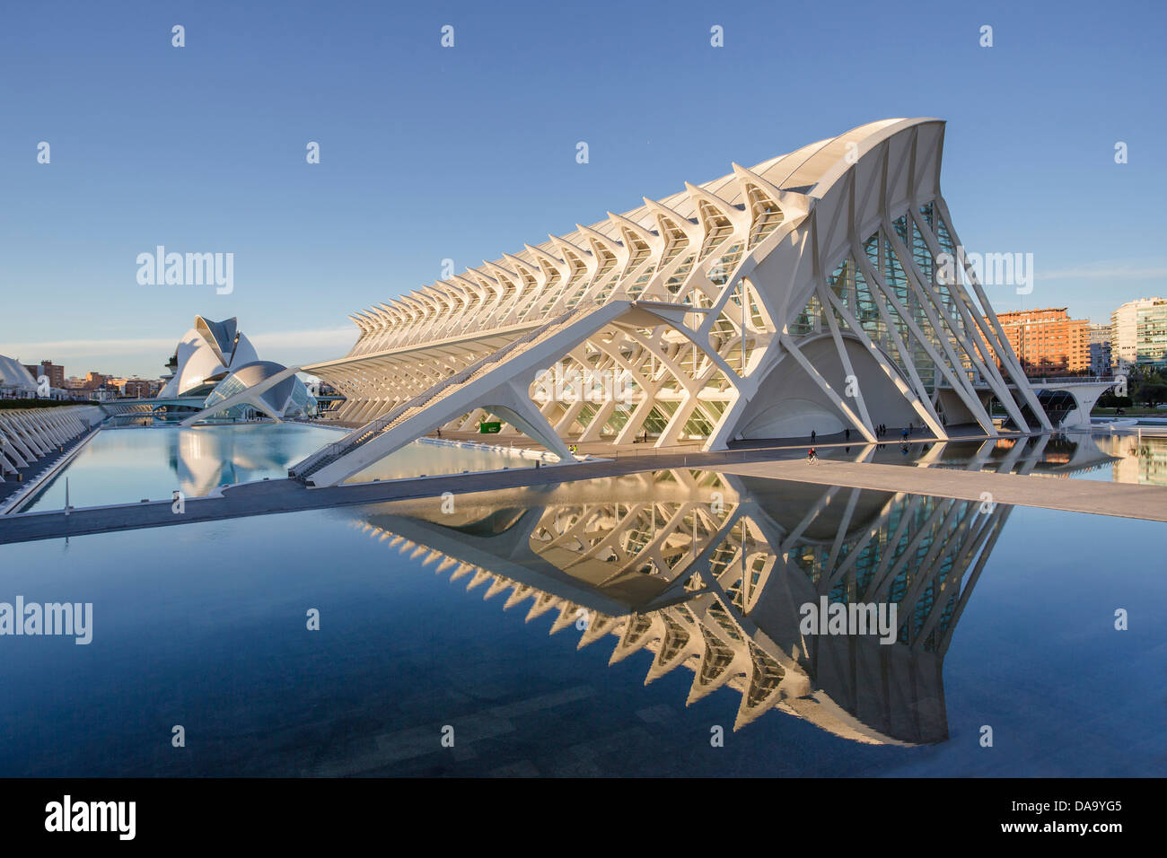 Spain, Europe, Valencia, Calatrava, architecture, modern, arts, futuristic, purple, science, city of Arts and Science Stock Photo
