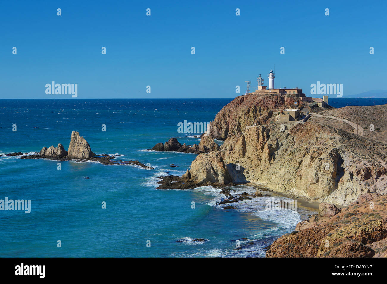 Almeria, Spain, Europe, Andalusia, blue, cape, coast, famous, gata, landscape, lighthouse, Mediterranean, touristic, travel, whi Stock Photo