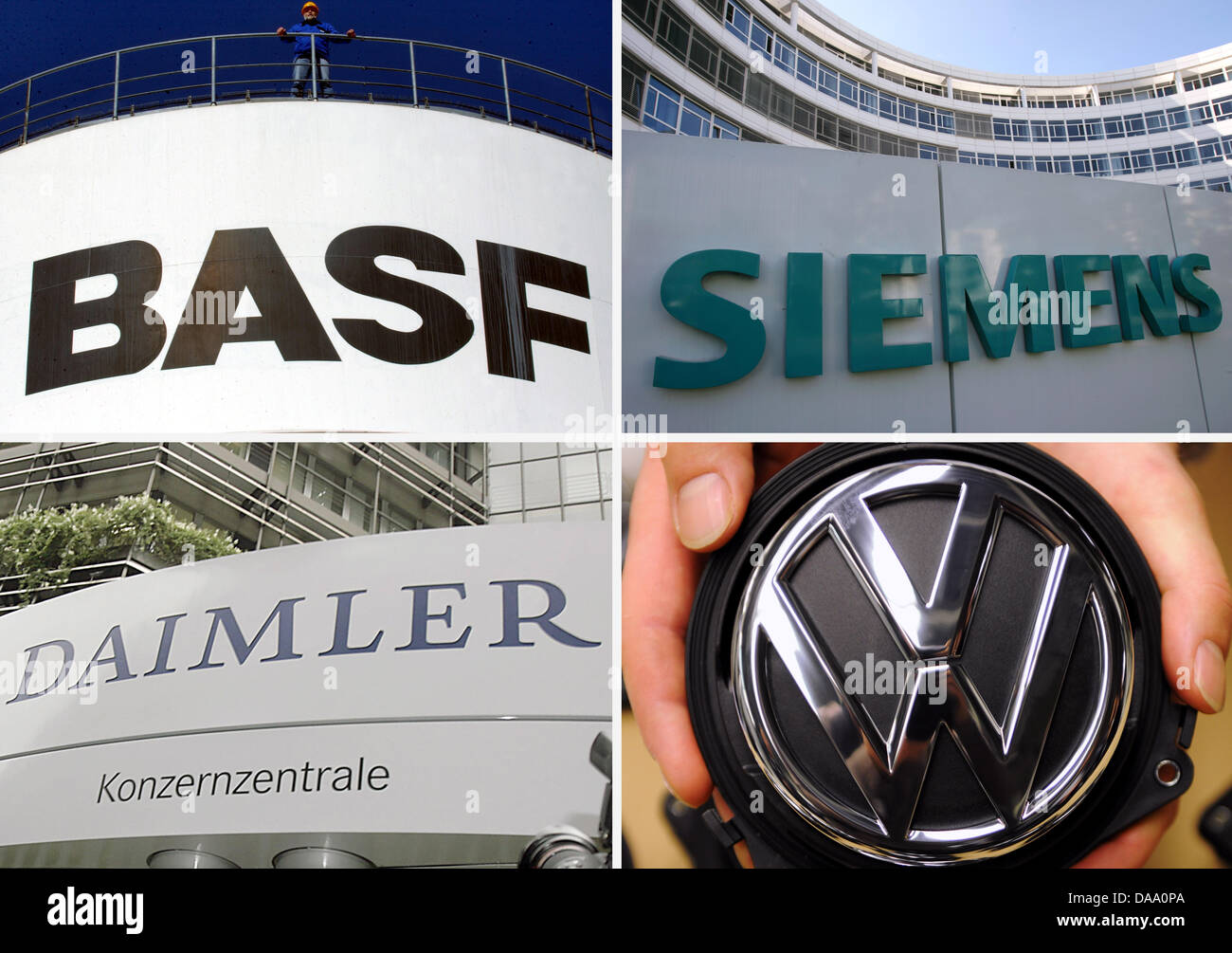 A compilation of file pictures dated 31 March 2003 shows logos of the  companies BASF, Siemens, Daimler and Volkswagen, arranged in Berlin,  Germany. Only four of hundred companies with high markt value