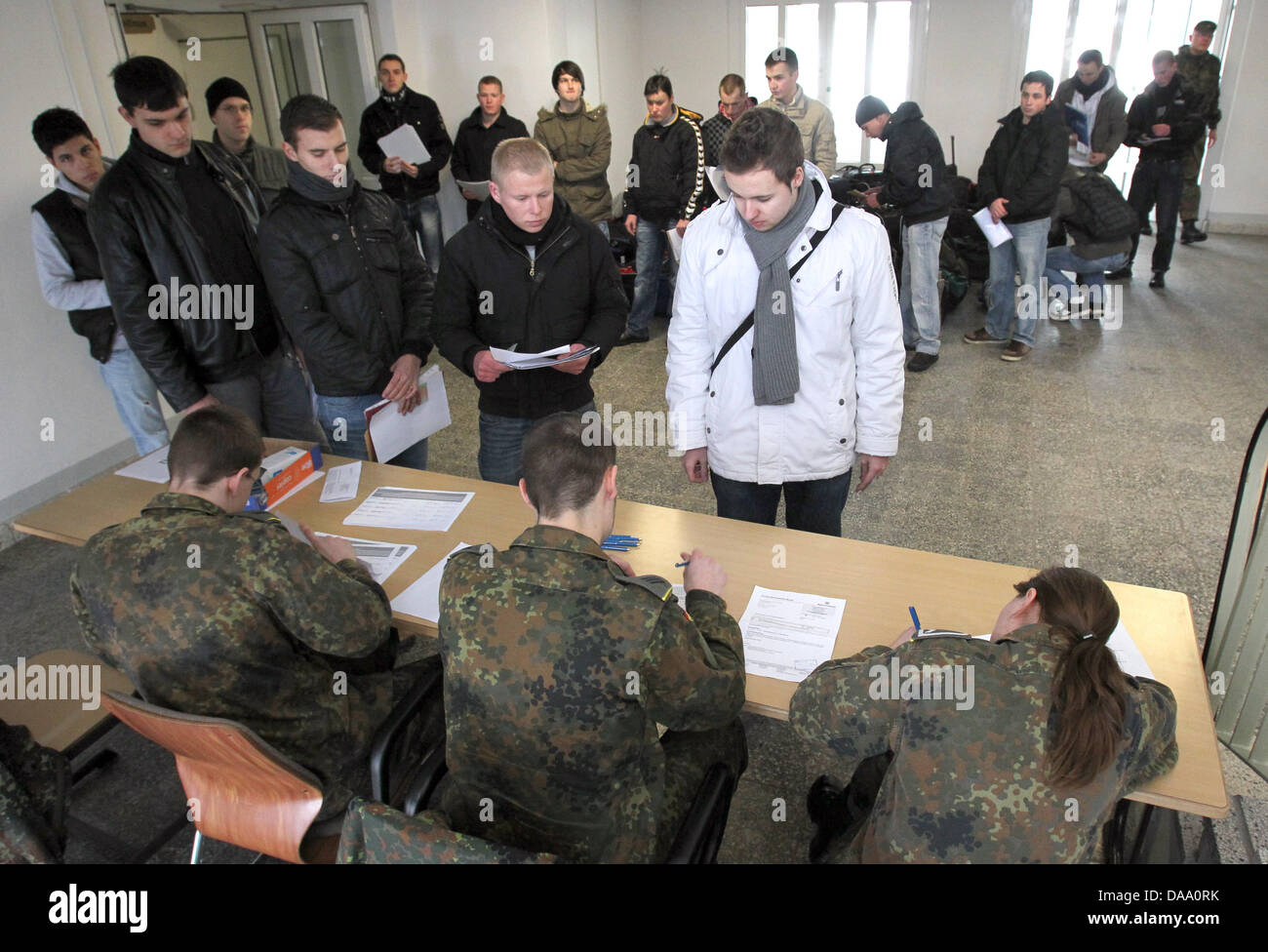 Young men are registered at the barracks Fuenfeichen in order to do their military service in