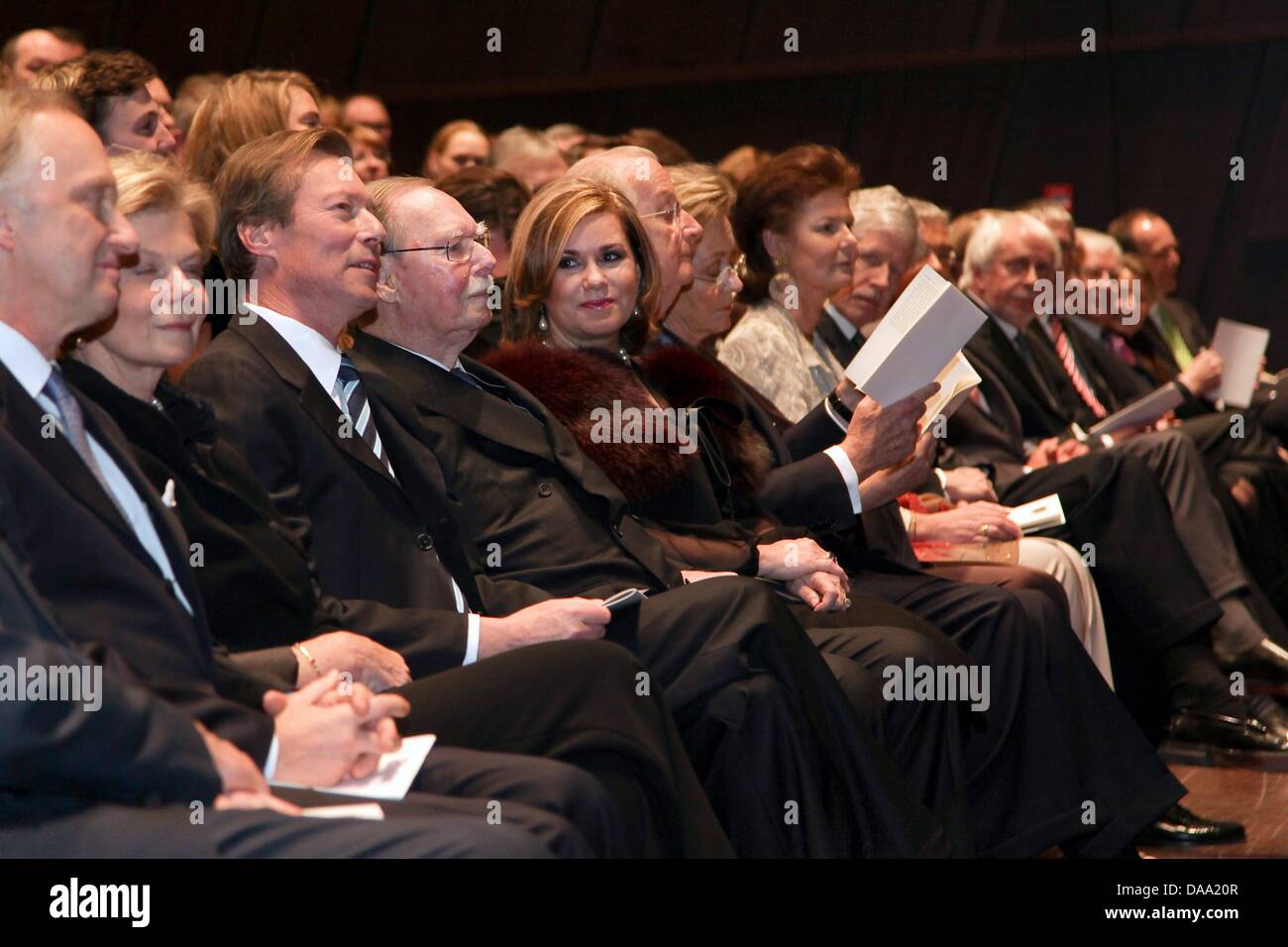 (L-R) Arch Duke Carl Christian of Austria, his wife Princess Marie-Astrid, Grand Duke Henri, Grand Duke Jean, Grand Duchess Maria Teresa, King Albert II. and Queen Paola of Belgium, Princess Margaretha and Prince Nicolas of Liechtenstein attend the celebrations of Duke Jean's 90th birthday at the Philharmonic Hall in Luxembourg, Luxembourg, 05 January 2011. ATTENTION - Mandatory cr Stock Photo