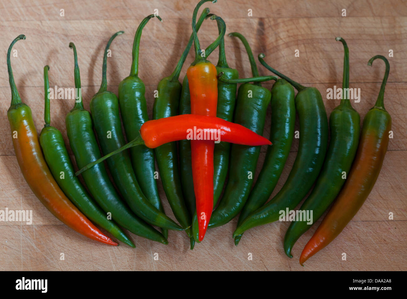 Red hot chillies peppers on a chopping board Stock Photo - Alamy