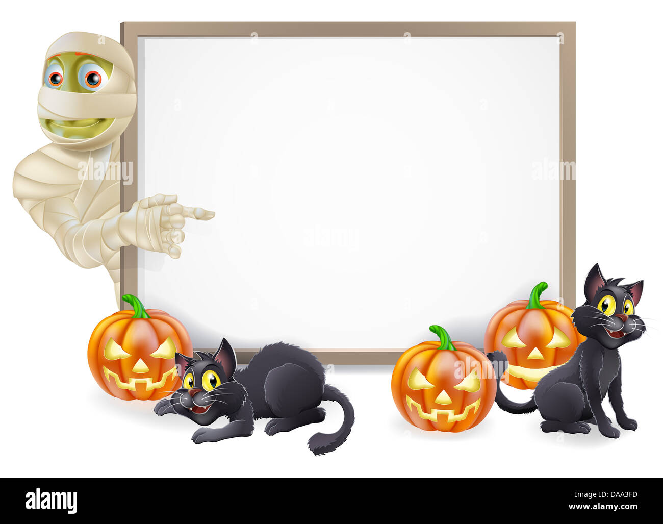 Halloween sign or banner with orange Halloween pumpkins and cartoon Egyptian mummy character Stock Photo