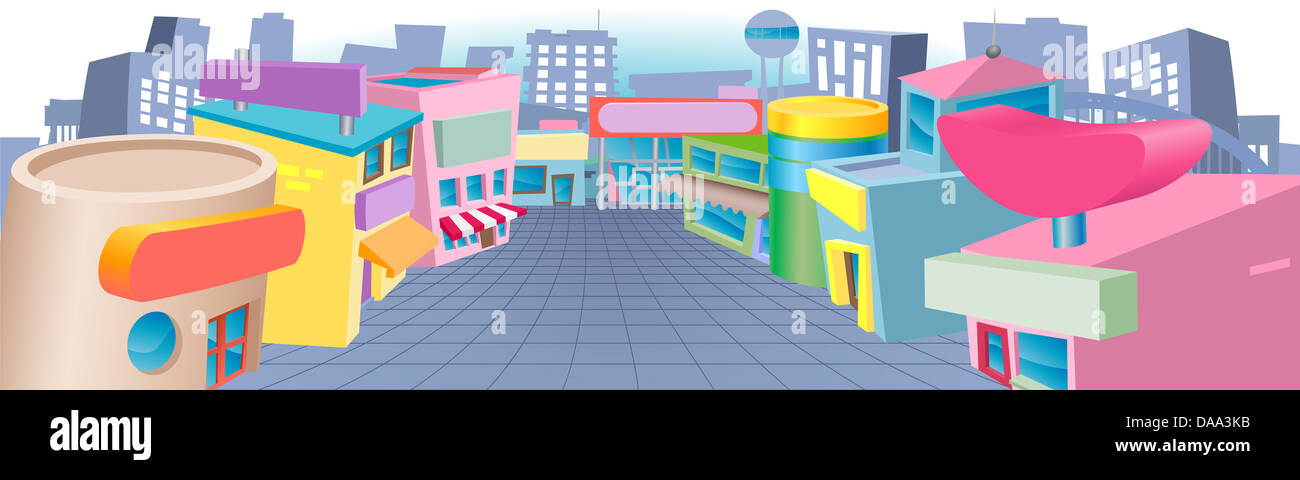 A colourful cartoon street of shops with blank signs Stock Photo