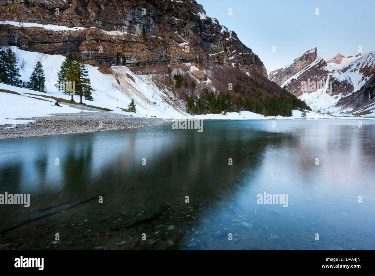 lake Seealp, Switzerland, Europe, canton, Appenzell, Innerrhoden, Alpstein, mountains, mountain lake, reflection, daybreak, snow Stock Photo