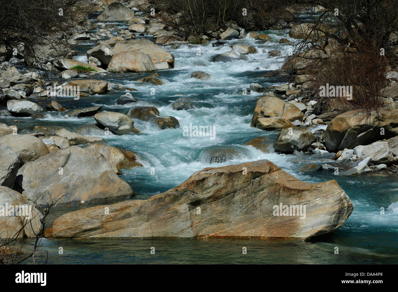 River Ticino, river, water, flowing, river bed, Alps, near Giornico, Canton, Ticino, Switzerland Stock Photo