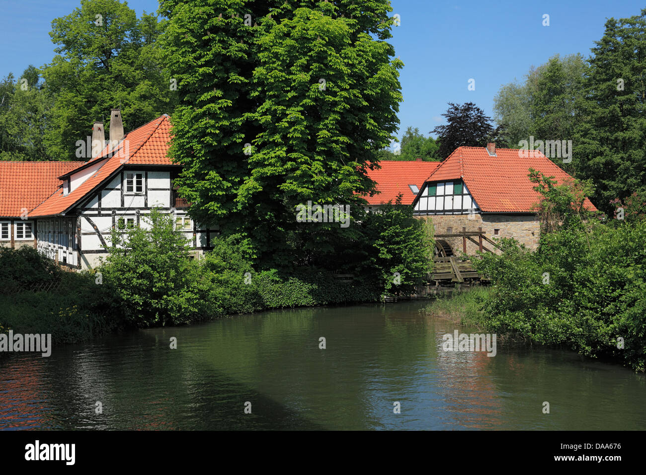 Oelmuehle mit Muehlenmuseum am Wasserschloss Brake in Lemgo, Weserbergland, Nordrhein-Westfalen Stock Photo