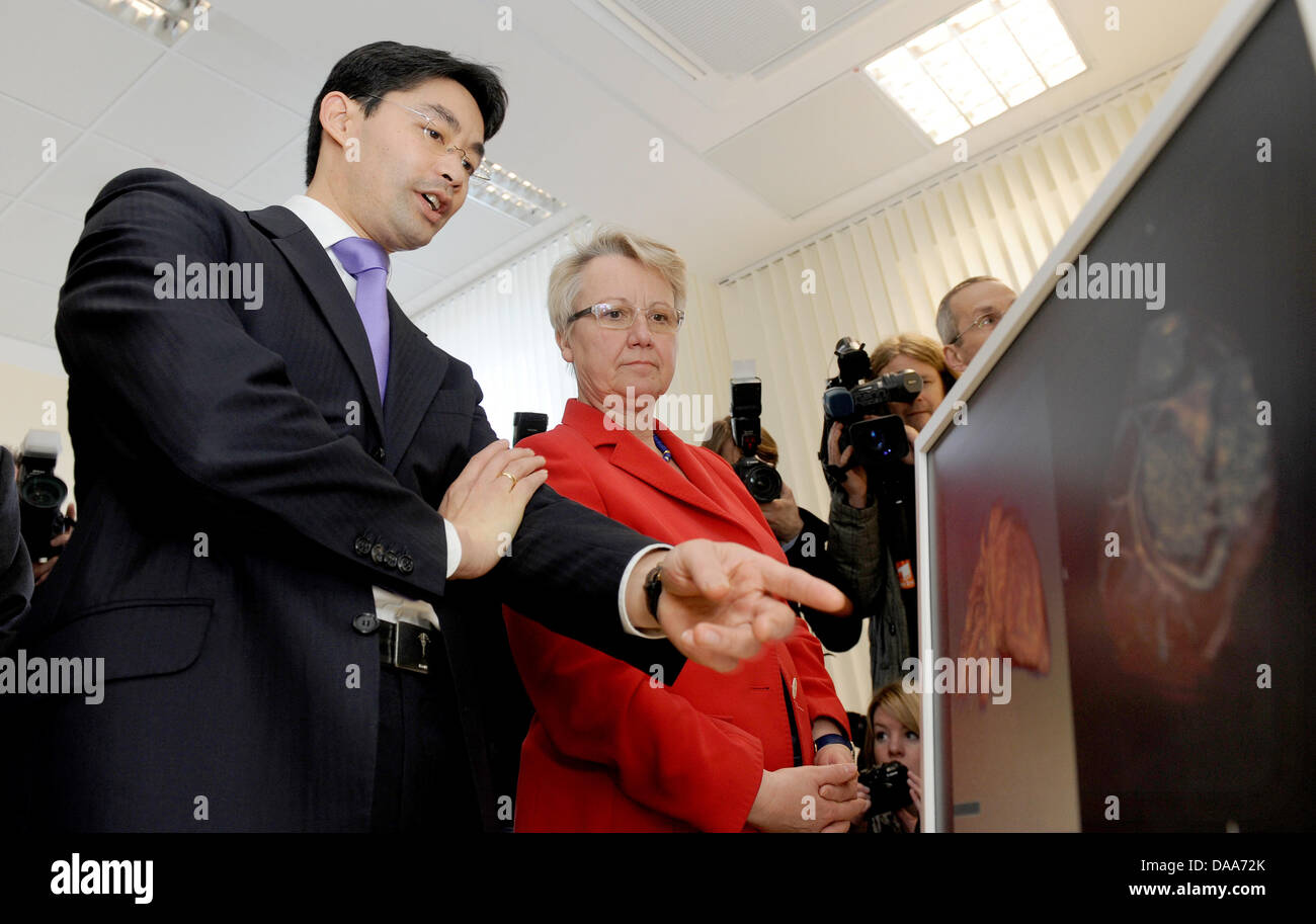 German Minister of Education Annette Schavan (R) and German Health Minister Philipp Roessler stand next to a monitor displaying a heart during the official presentation of the project 'General Programme Health Research' at the Charite in Berlin, Germany, 12 January 2011. The programme regulates funding and promotion of the German Ministry of Education and Research concerning health Stock Photo