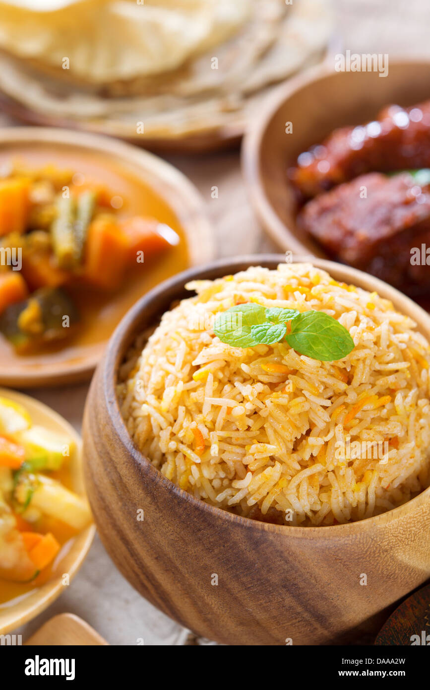 Biryani rice or pilaf rice with curry, fresh cooked basmati rice with ...