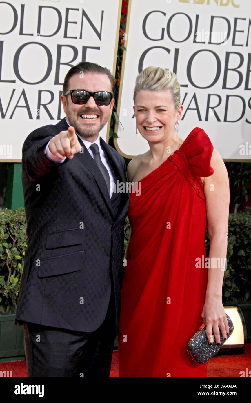 Actor, show host Ricky Gervais and producer Jane Fallon arrives at the