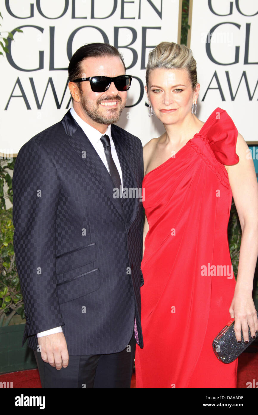 Actor, show host Ricky Gervais and producer Jane Fallon arrives at the