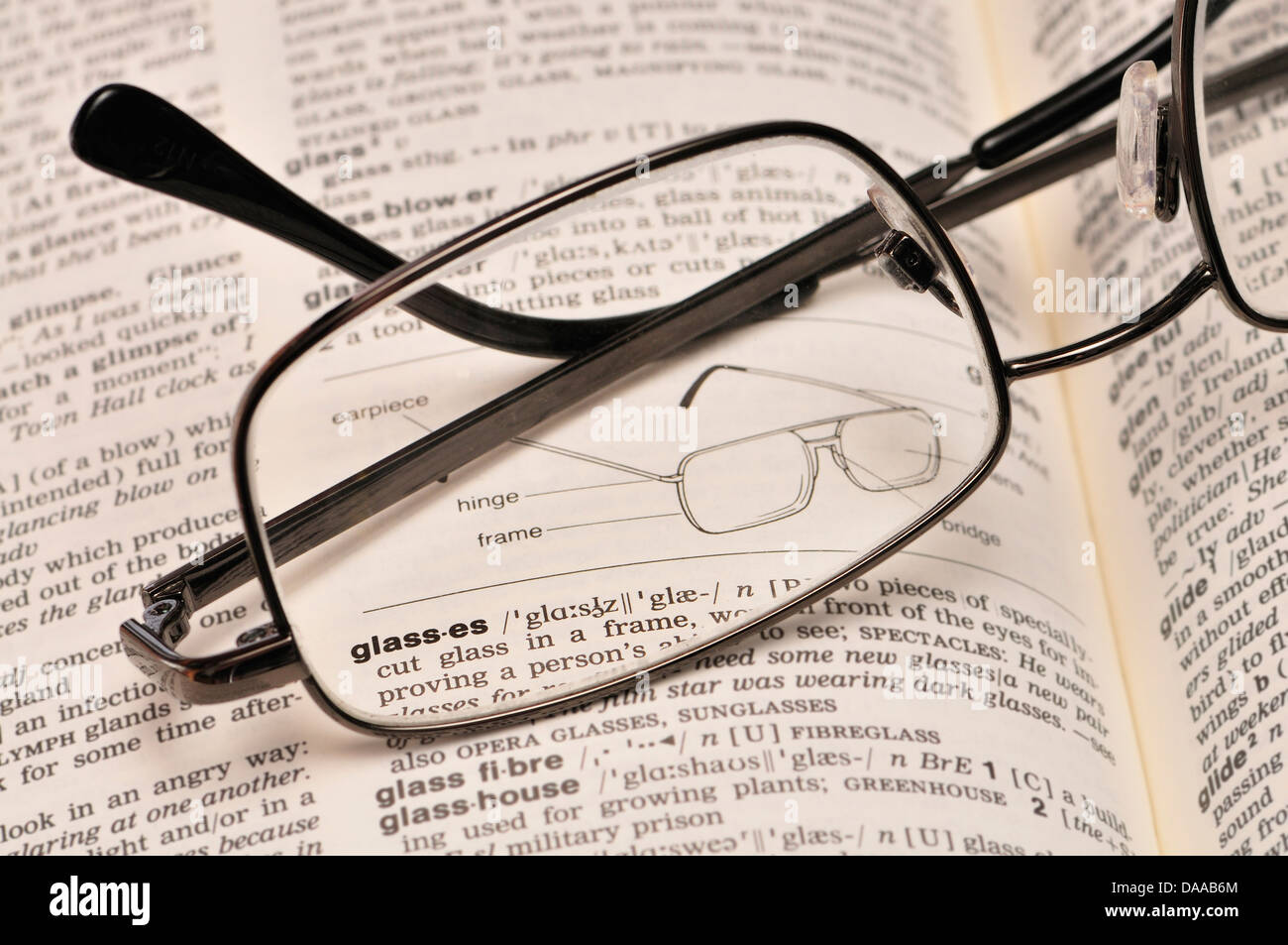 Pair of glasses on a dictionary open at 'glasses' with illustration