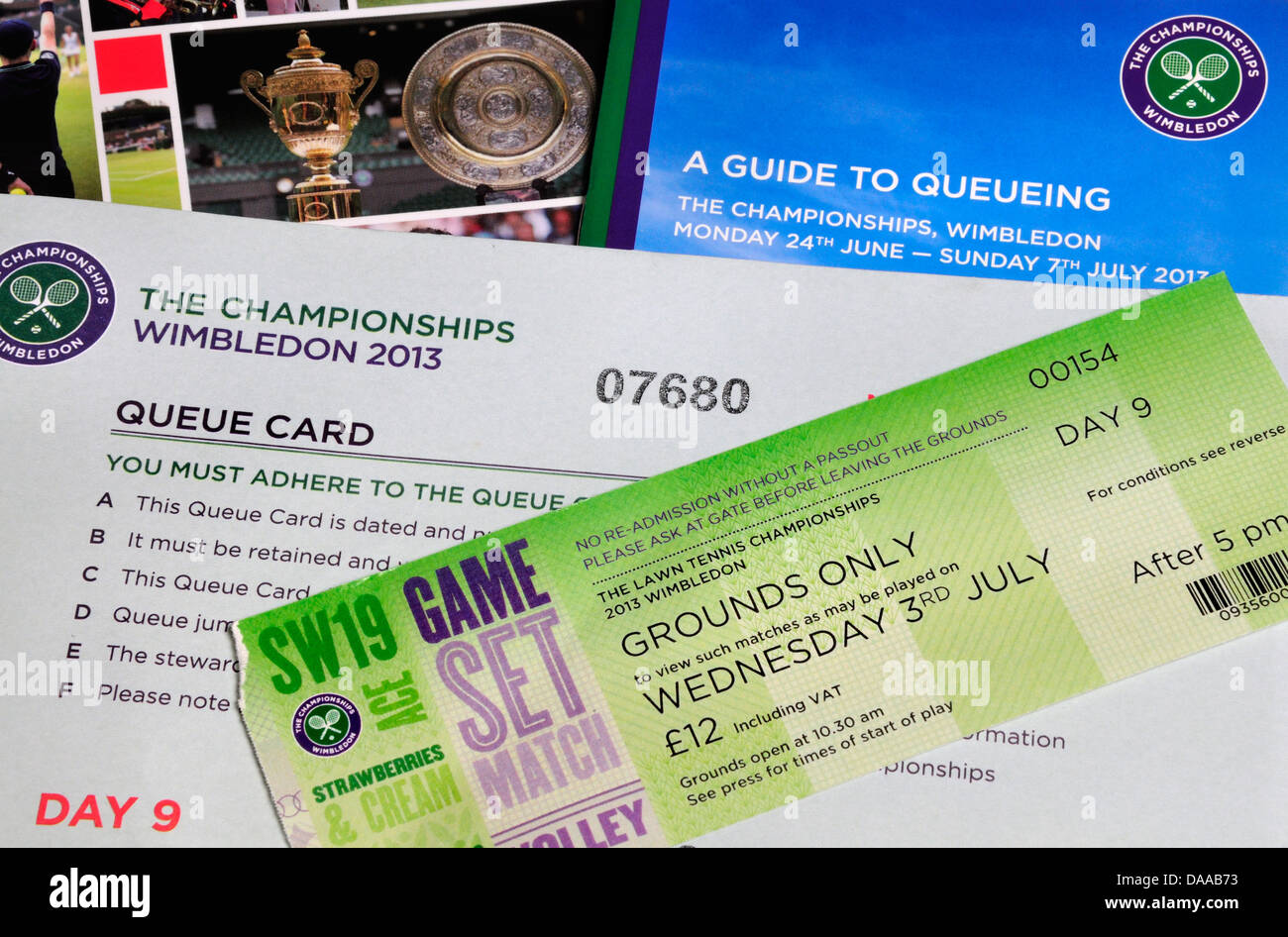 Wimbledon 2013 ticket (Ground pass, after 5pm), queue card and guide to queuing Stock Photo