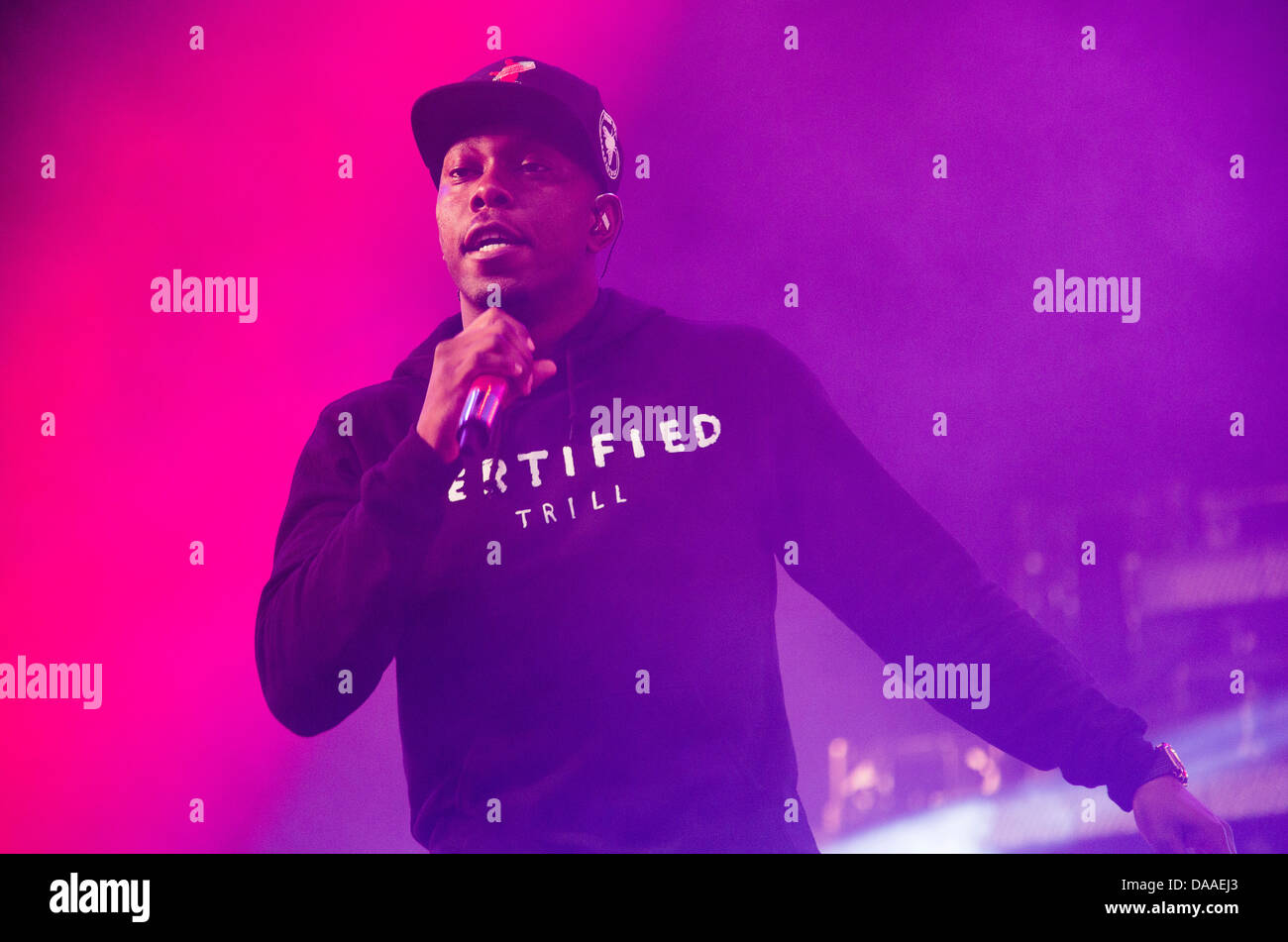 Dizzee Rascal performs on the Pyramid Stage on the Friday of Glastonbury Festival. 28 June 2013 Stock Photo