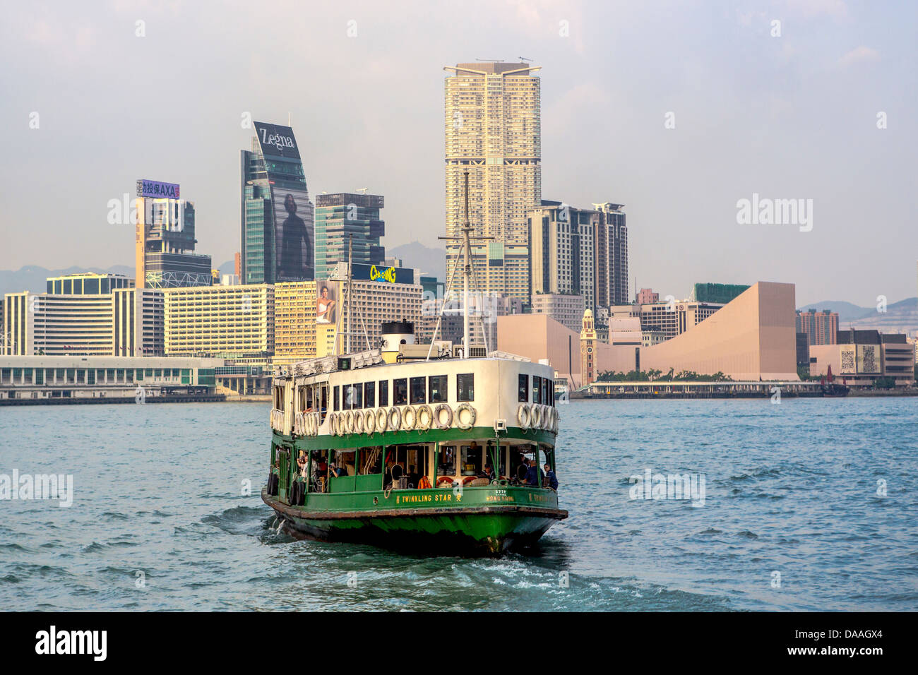 Hong Kong, China, Asia, City, Kowloon, District, Star Ferry, architecture, ferry, skyline, skyscrapers, boat Stock Photo