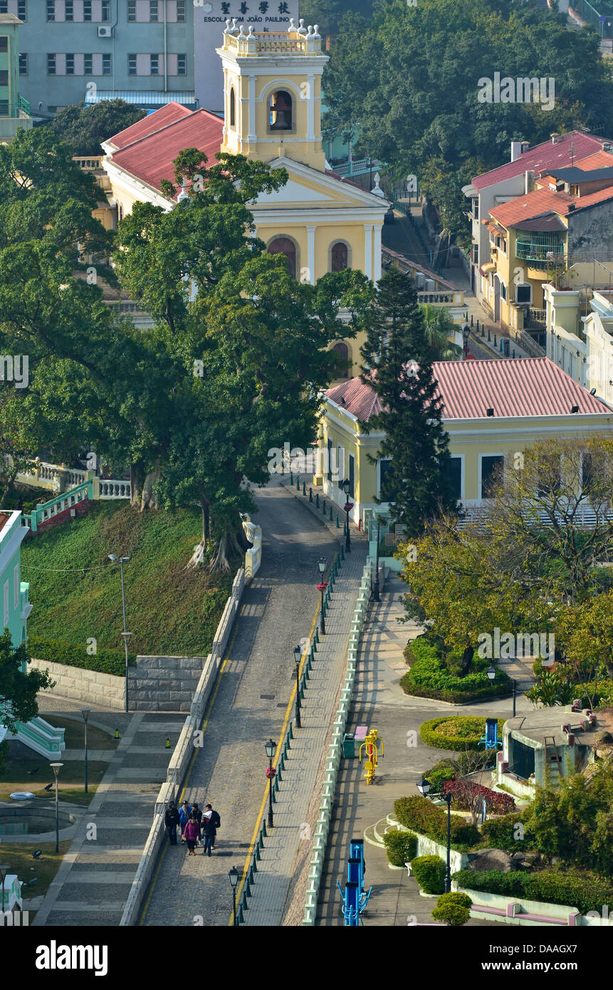 An aerial view of the colonial-style Our Lady of Carmel church in Taipa. Stock Photo