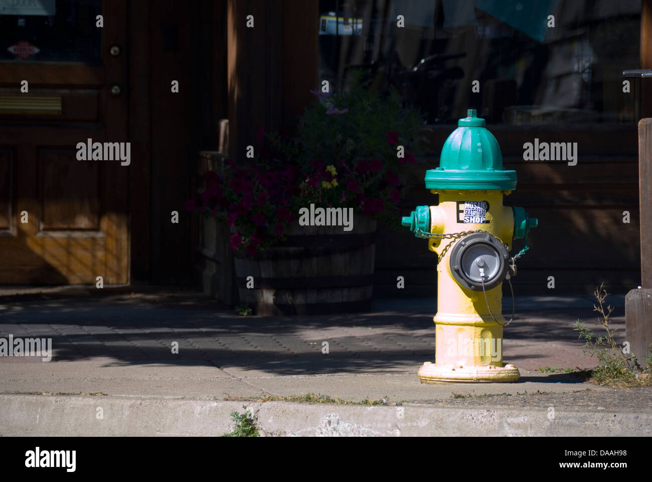 Yellow and green fire hydrant standing on an Ellensburg street, Kittitas County, Washington WA, USA Stock Photo