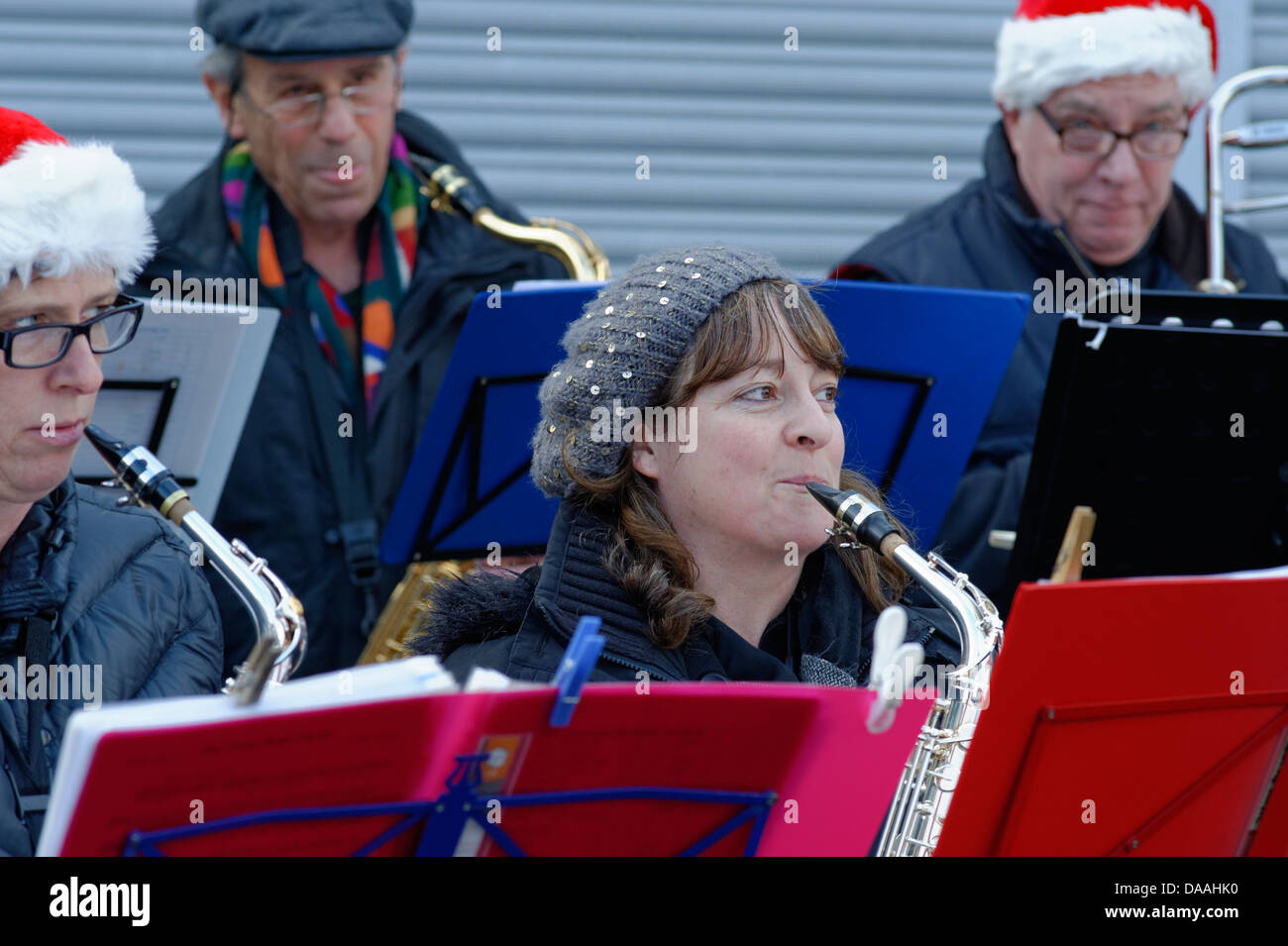 Saxophone musicians playing in the Crown Road Christmas Fair, St