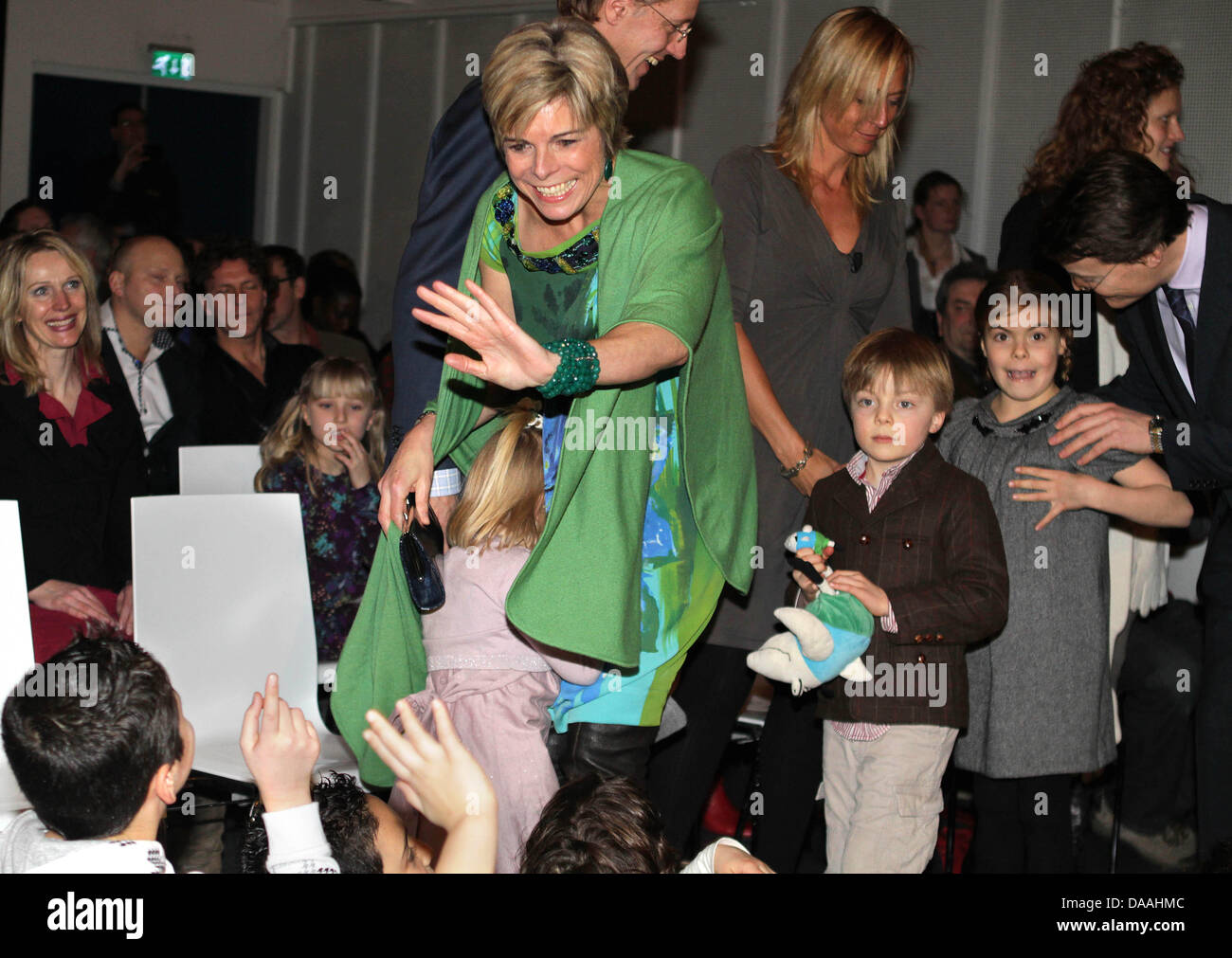The children of Dutch Princess Laurentien (C), Princess Leonore (hidden in her mothers dress), Prince Claus-Casimir and Princess Eloise attend the presention of  Laurentien's new book 'Mr. Finney and the other side of the water' with  her childen Claus-Casimir and Eloise in Rotterdam, The Netherlands, 02 February 2011. It is the second book of Princess Laurentien. Photo: Albert Phi Stock Photo