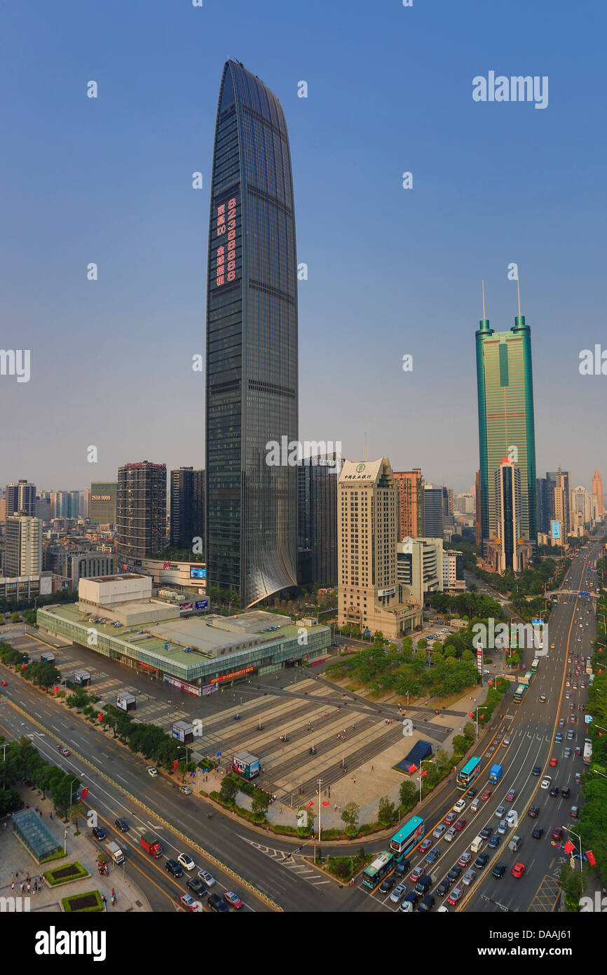 China, Shenzhen, City, Asia, Shennan Road, KK 100 Tower, Shennan Road East, Shun Hing, Shun Hing Tower, avenue, downtown, green, Stock Photo