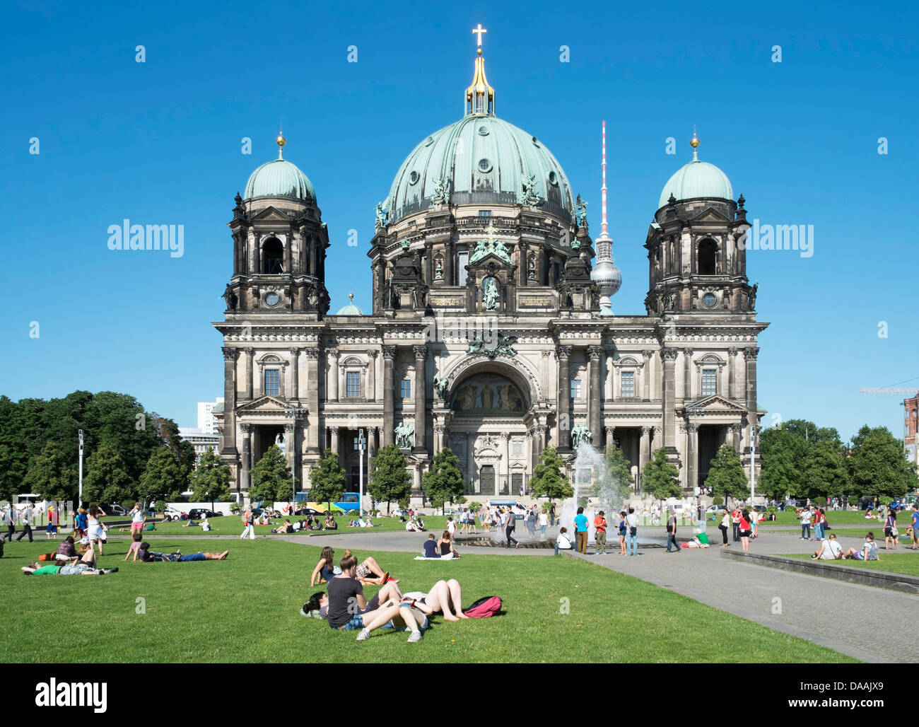 Busy Lustgarten in front of The Dom or Cathedral on Museumsinsel in Berlin Germany Stock Photo