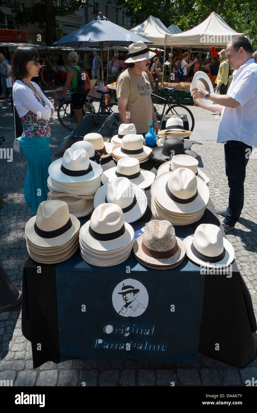 Panama hat stall at weekend market in Kolwitzplatz in Prenzlauer Berg in Berlin Germany Stock Photo