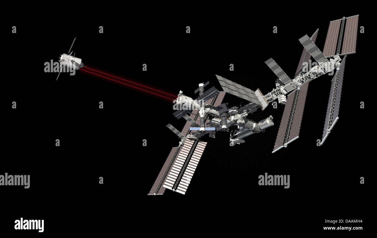 An undated computer-generated image of European unmanned cargo resupply spacecraft 'Johannes Kepler ATV-2' in the docking phase. On 15 February 2011, the craft will be launched on boardb an Ariane 5ES rocket to dock at International Space Station ISS eight days later. It is currently being prepared for launch at the Guiana Space Centre, French Guiana. Photo: EADS Astrium Stock Photo