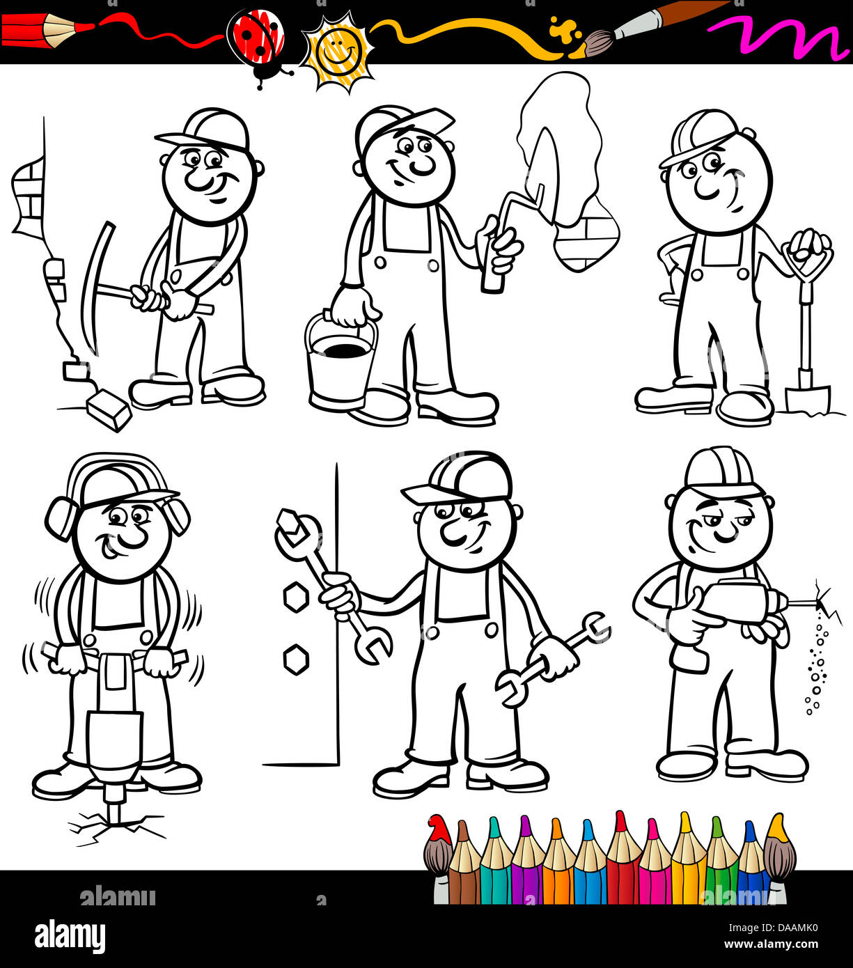 Coloring Book or Page Cartoon Illustration of Black and White Funny Manual Workers or Workmen at Work Characters Set Stock Photo