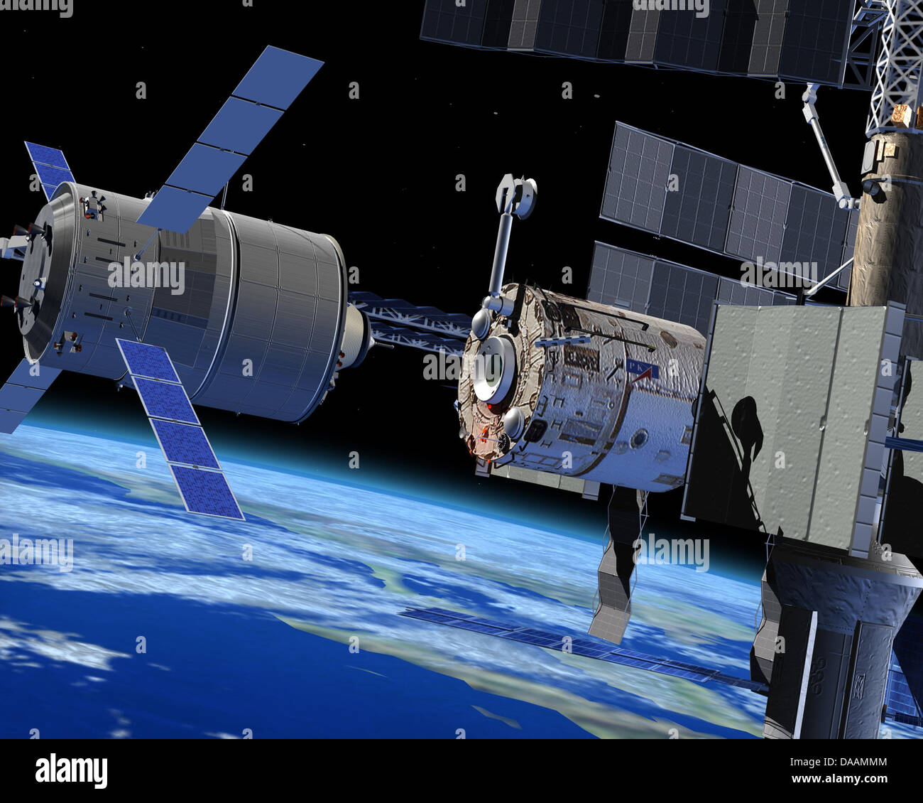 An undated computer-generated image of European unmanned cargo resupply spacecraft 'Johannes Kepler ATV-2' in the docking phase. On 15 February 2011, the craft will be launched on boardb an Ariane 5ES rocket to dock at International Space Station ISS eight days later. It is currently being prepared for launch at the Guiana Space Centre, French Guiana. Photo: EADS Astrium /  Silicon Stock Photo