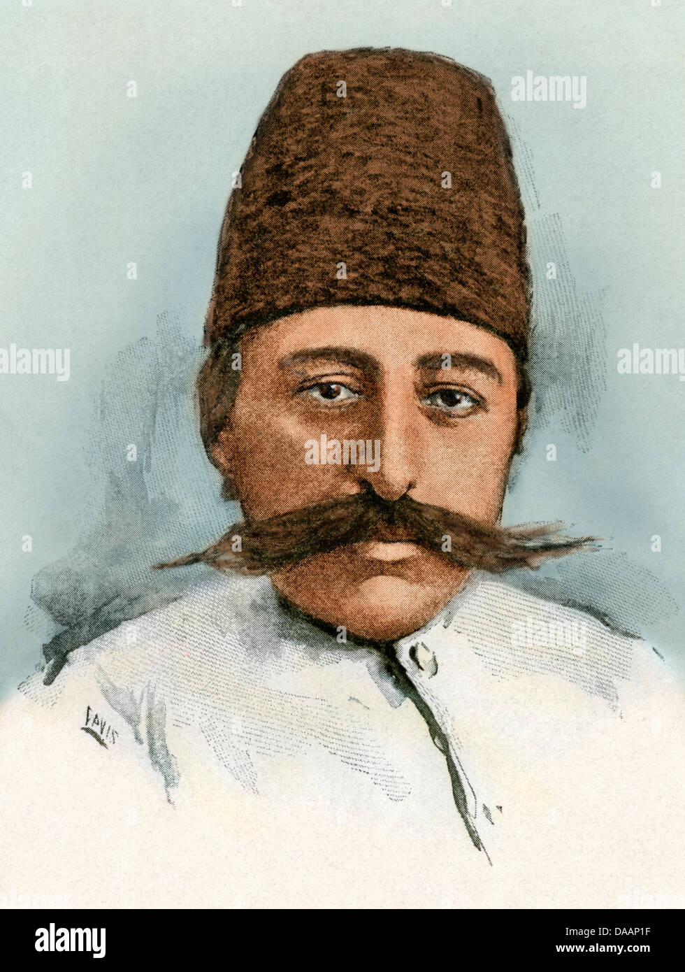 Mozaffar ad-Din Shah Qajar, Shah of Iran after assassination of his father in 1896. Hand-colored halftone of an illustration Stock Photo